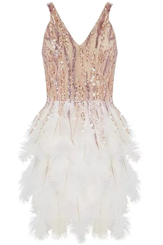 White V-Neck Sequins Party Dress with Feathers sold by Zapaka