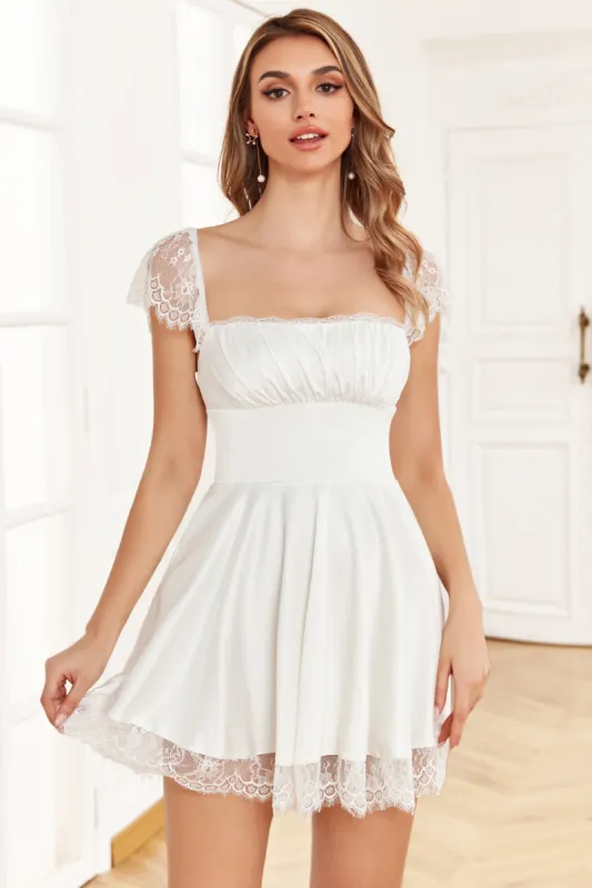 A Line Square Neck White Graduation Dress with Lace made by Zapaka