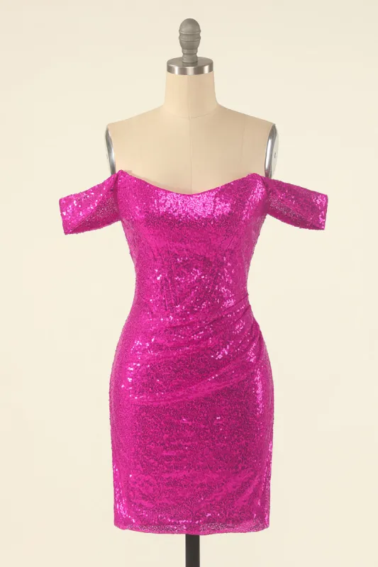 Fuchsia Off the Shoulder Sequins Tight Homecoming Dress sold by Zapaka