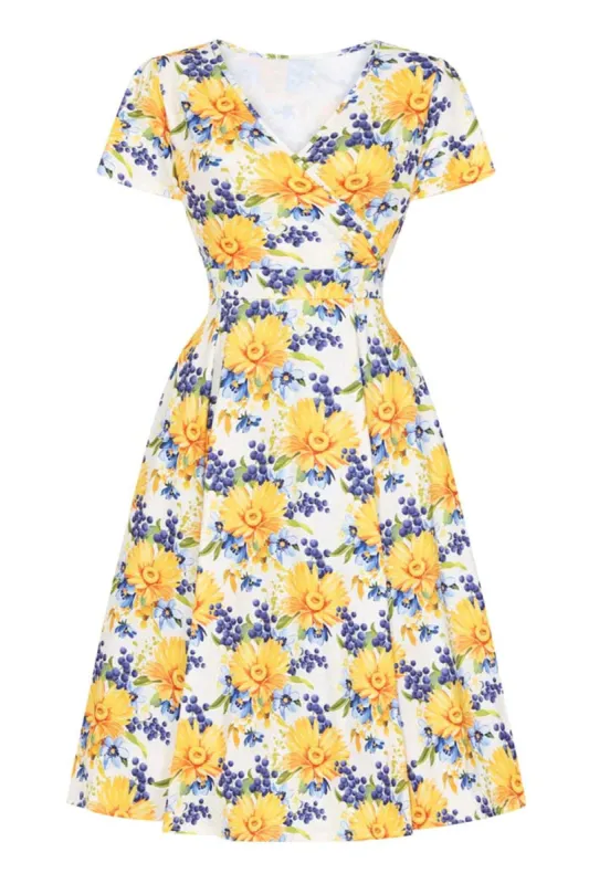V-Neck Printed Yellow Vintage Dress with Short Sleeves sold by Zapaka