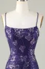 Sparkly Sheath Spaghetti Straps Dark Purple Short Homecoming Dress with Criss Cross Back sold by Zapaka