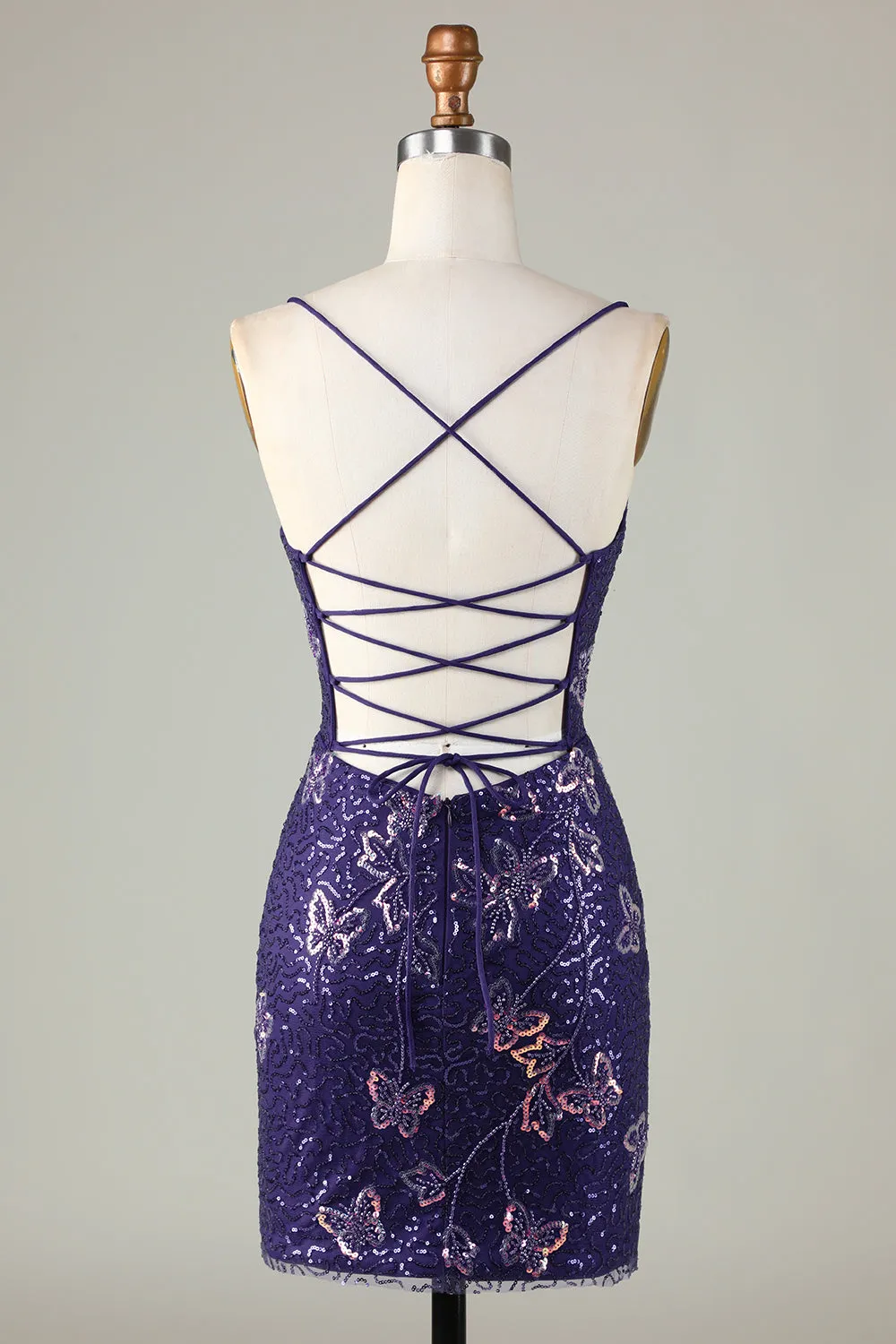 Sparkly Sheath Spaghetti Straps Dark Purple Short Homecoming Dress with Criss Cross Back sold by Zapaka product image thumbnail 2