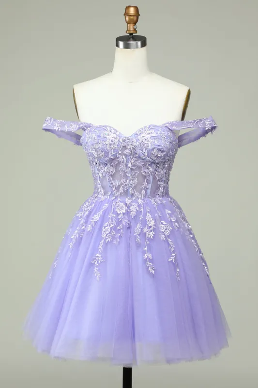 A Line Off the Shoulder Lilac Corset Homecoming Dress with Appliques sold by Zapaka