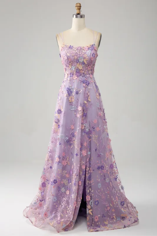 Light Purple A-Line Spaghetti Straps Long Prom Dress with Appliques sold by Zapaka
