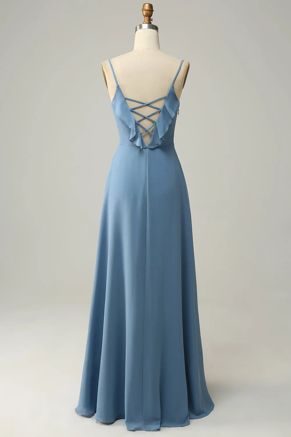 A Line Spaghetti Straps Grey Blue Long Bridesmaid Dress with Criss Cross Back sold by Zapaka product image thumbnail 5