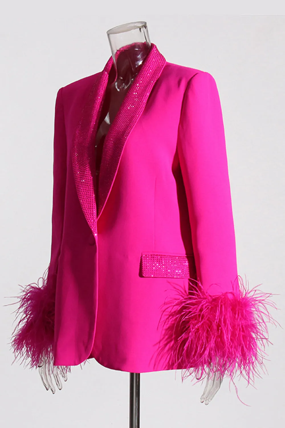 Glitter Fuchsia Shawl Lapel Women Blazer with Feathers sold by Zapaka product image thumbnail 3
