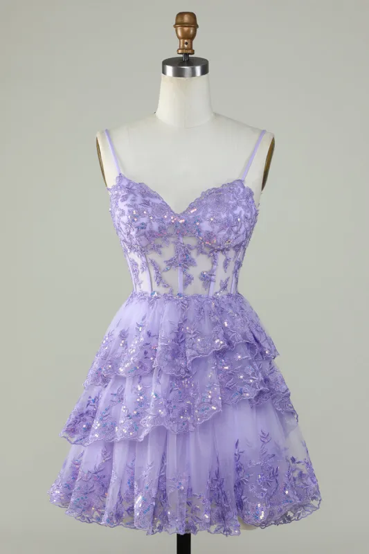 Gorgeous A Line Spaghetti Straps Purple Sparkly Corset Homecoming Dress sold by Zapaka