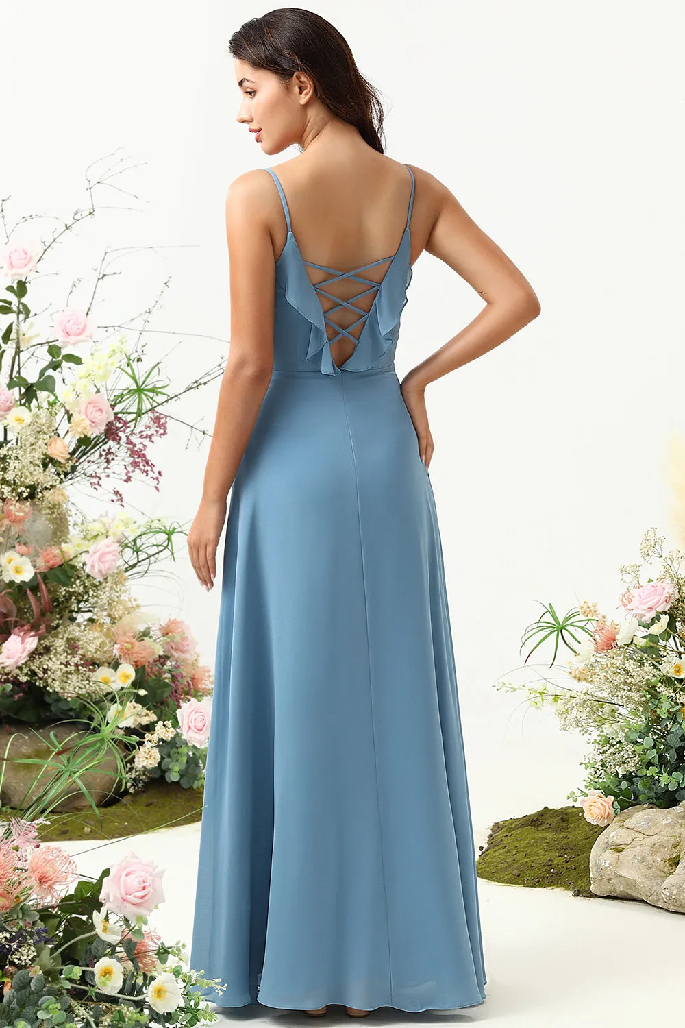 A Line Spaghetti Straps Grey Blue Long Bridesmaid Dress with Criss Cross Back sold by Zapaka product image thumbnail 2
