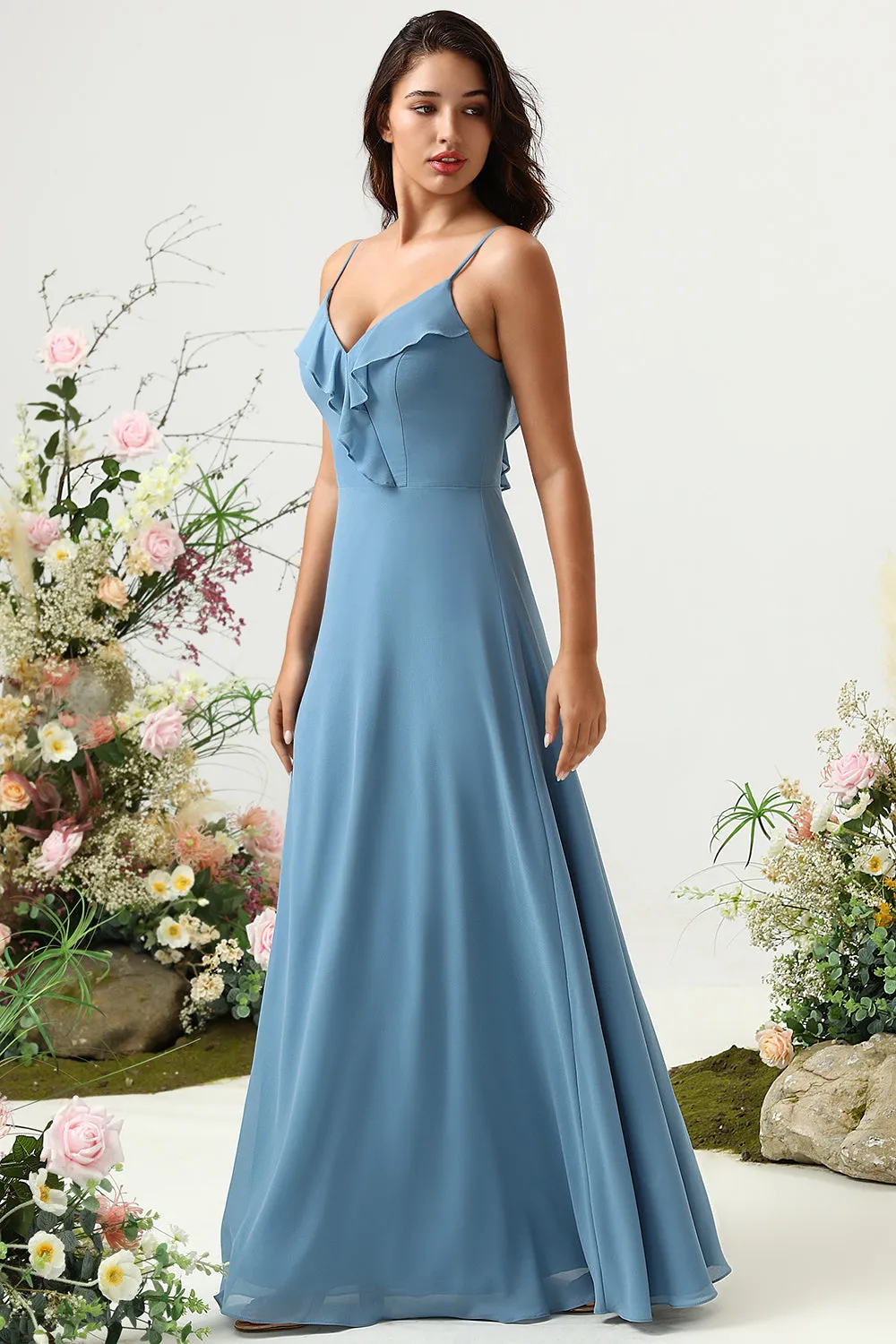 A Line Spaghetti Straps Grey Blue Long Bridesmaid Dress with Criss Cross Back sold by Zapaka product image thumbnail 3