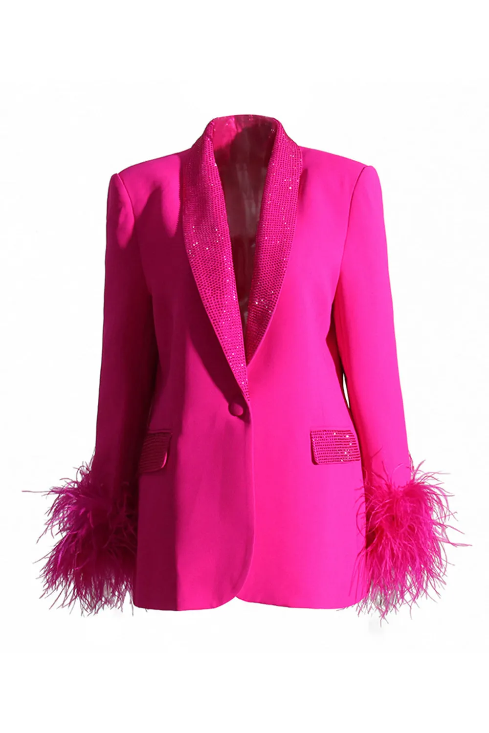 Glitter Fuchsia Shawl Lapel Women Blazer with Feathers sold by Zapaka
