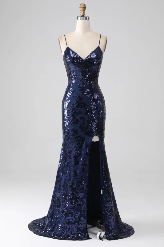 Shimmering Sequin Mermaid Spaghetti Strap Prom Dress with Slit sold by Zapaka