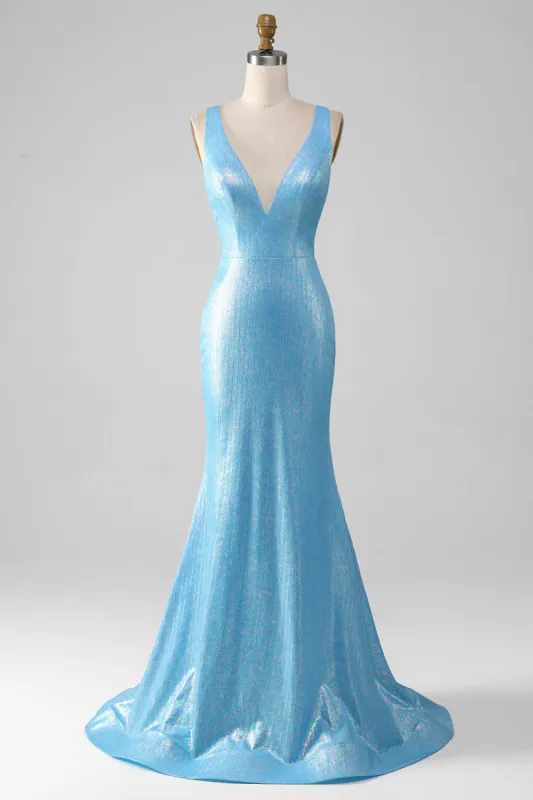 Glitter Blue V-neck Mermaid Prom Dress sold by Zapaka