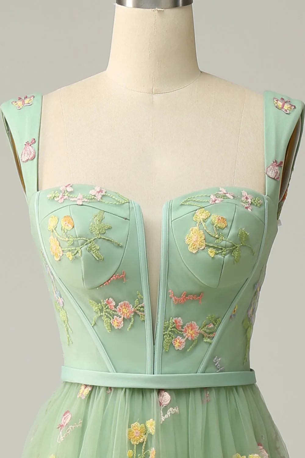 Elegant A-Line Square Neck Green Long Prom Dress with Embroidery sold by Zapaka product image thumbnail 4