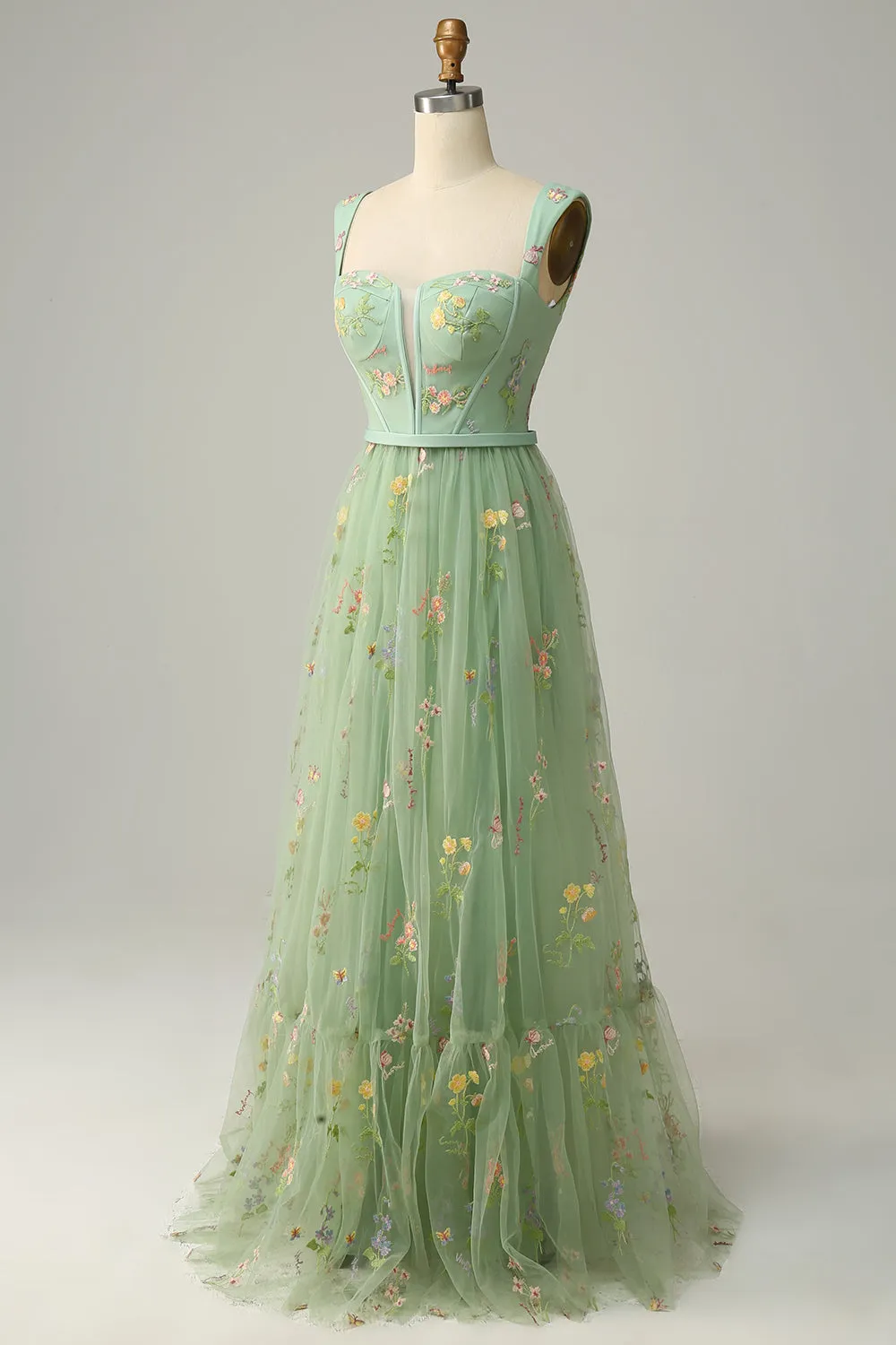 Elegant A-Line Square Neck Green Long Prom Dress with Embroidery sold by Zapaka product image thumbnail 3
