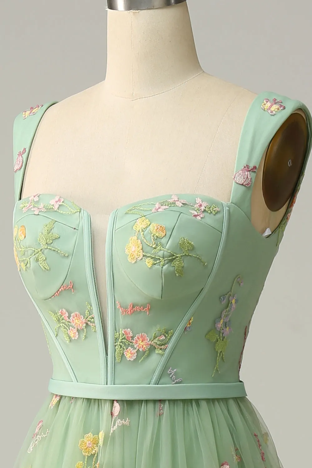 Elegant A-Line Square Neck Green Long Prom Dress with Embroidery sold by Zapaka product image thumbnail 5
