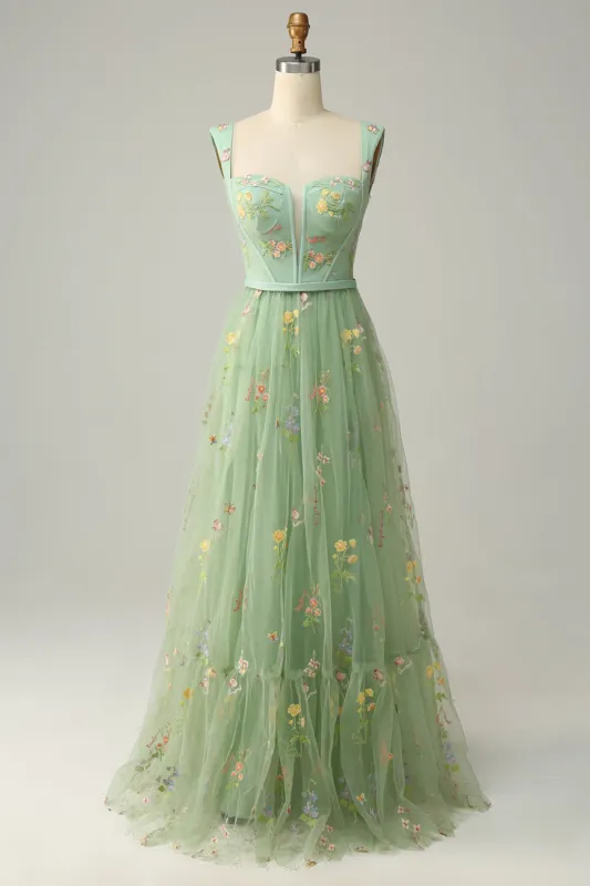 Elegant A-Line Square Neck Green Long Prom Dress with Embroidery sold by Zapaka