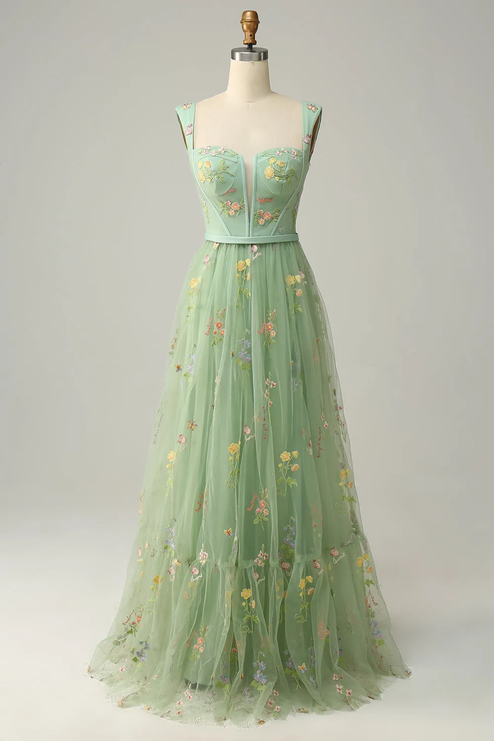 Elegant A-Line Square Neck Green Long Prom Dress with Embroidery sold by Zapaka