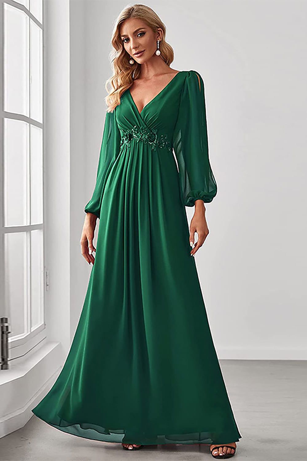 Dark Green A-Line V Neck Chiffon Long Prom Dress sold by Zapaka