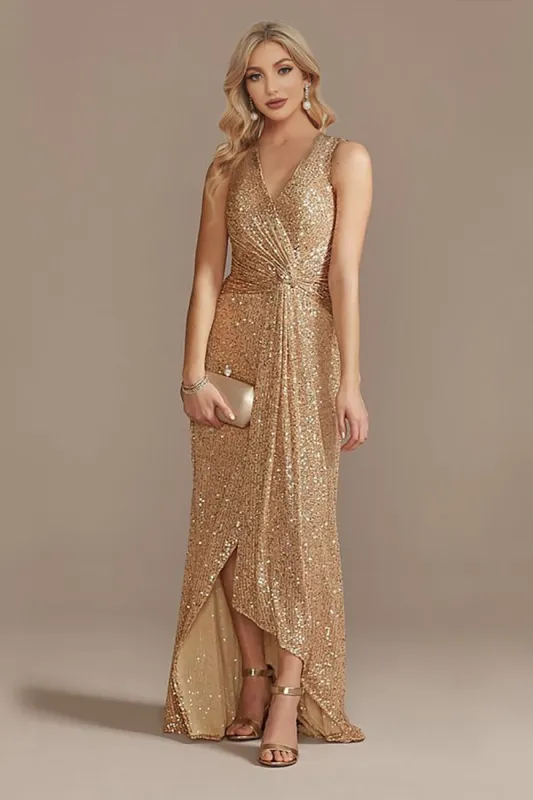 Champagne V-Neck High Low Sequin Formal Dress sold by Zapaka