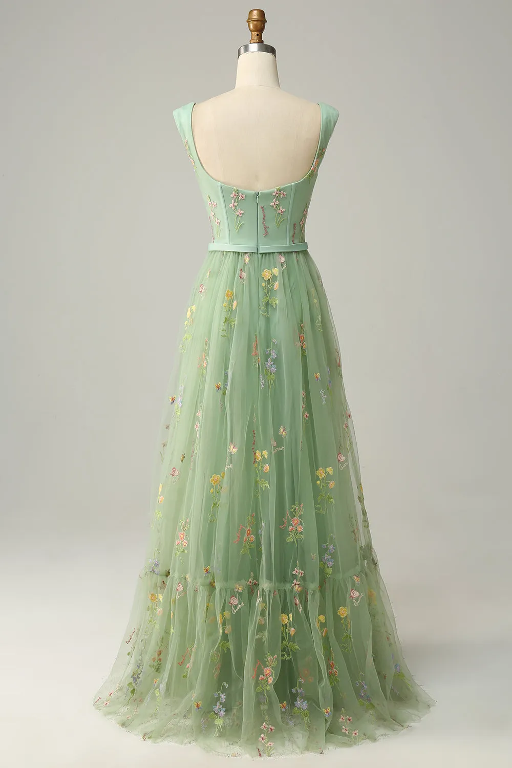 Elegant A-Line Square Neck Green Long Prom Dress with Embroidery sold by Zapaka product image thumbnail 2