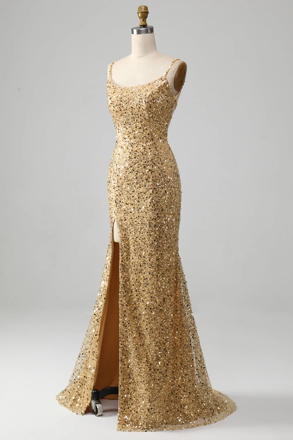 Golden Mermaid Spaghetti Straps Sequined Prom Dress With Slit sold by Zapaka product image thumbnail 3