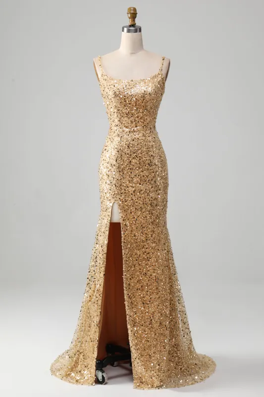 Golden Mermaid Spaghetti Straps Sequined Prom Dress With Slit sold by Zapaka