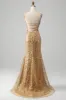 Golden Mermaid Spaghetti Straps Sequined Prom Dress With Slit sold by Zapaka