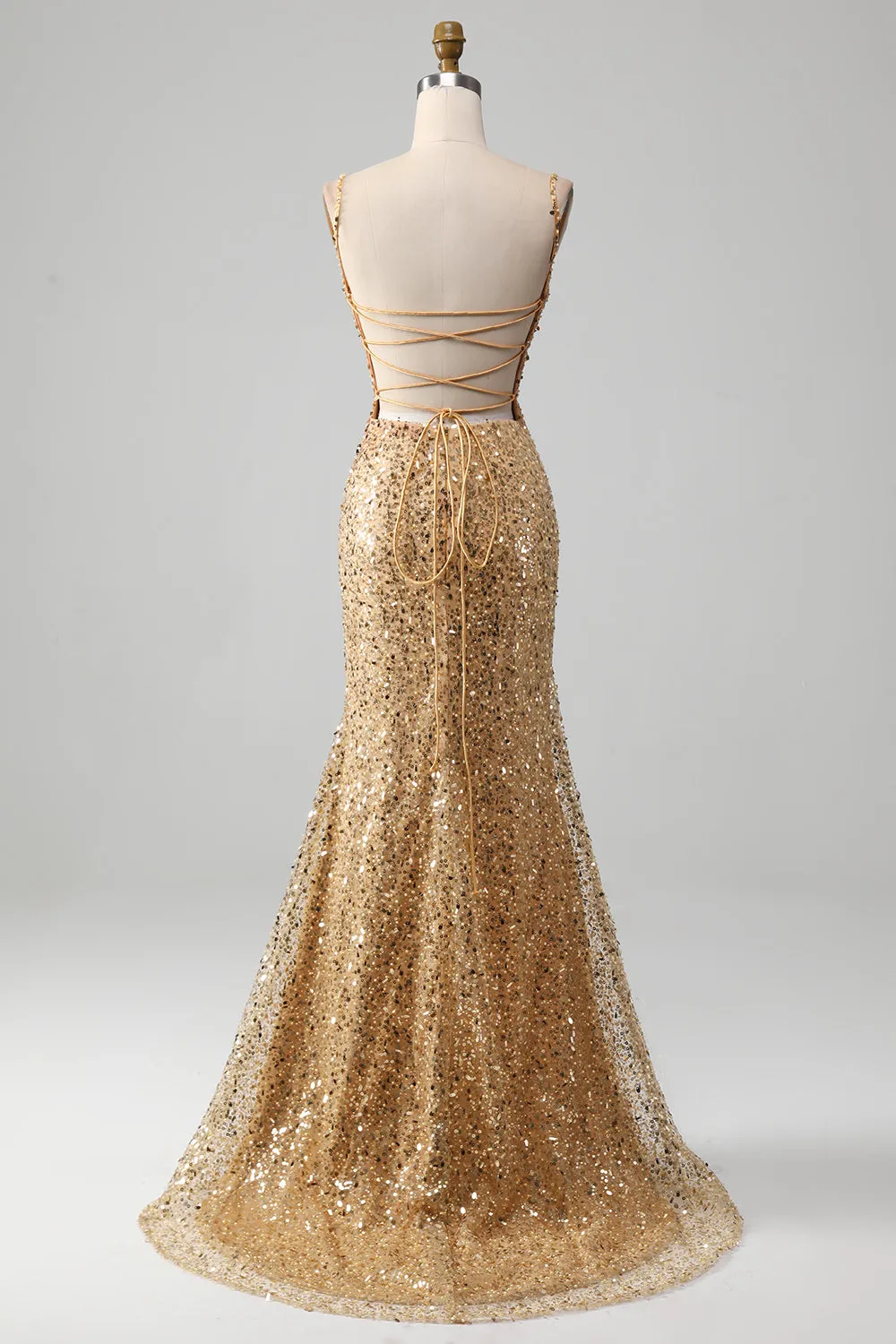Golden Mermaid Spaghetti Straps Sequined Prom Dress With Slit sold by Zapaka product image thumbnail 2
