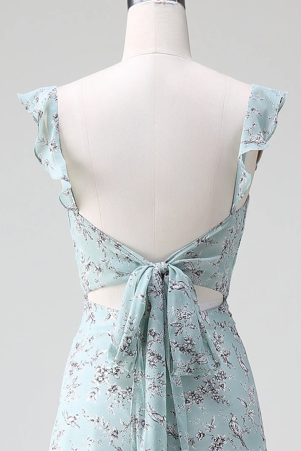 Grey Green Sheath Floral Print Long Bridesmaid Dress With Slit sold by Zapaka product image thumbnail 5