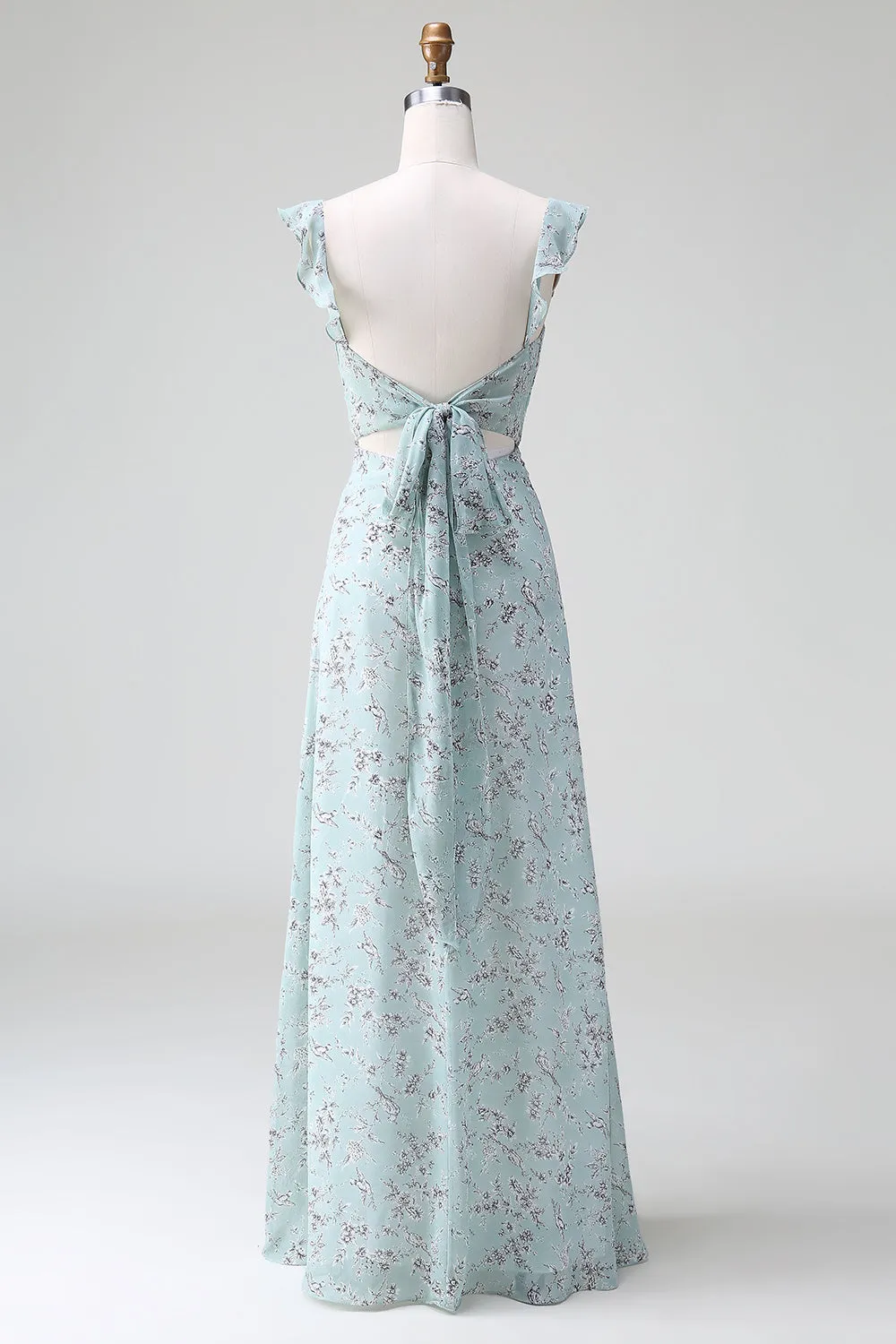 Grey Green Sheath Floral Print Long Bridesmaid Dress With Slit sold by Zapaka product image thumbnail 2