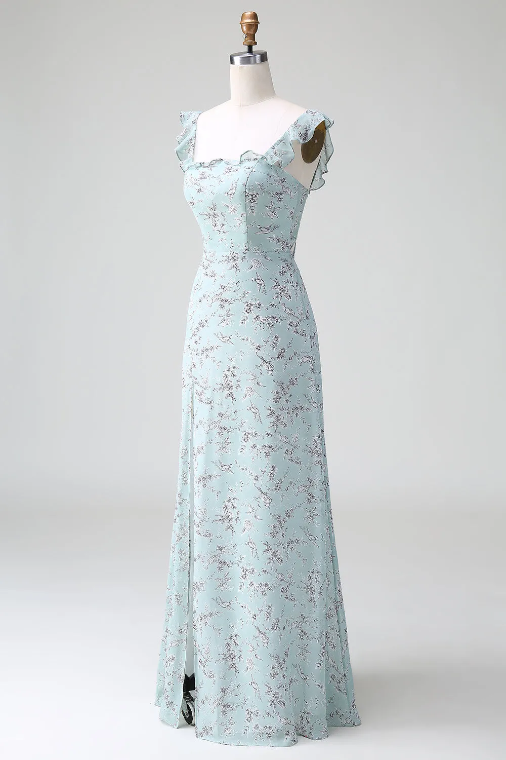 Grey Green Sheath Floral Print Long Bridesmaid Dress With Slit sold by Zapaka product image thumbnail 3