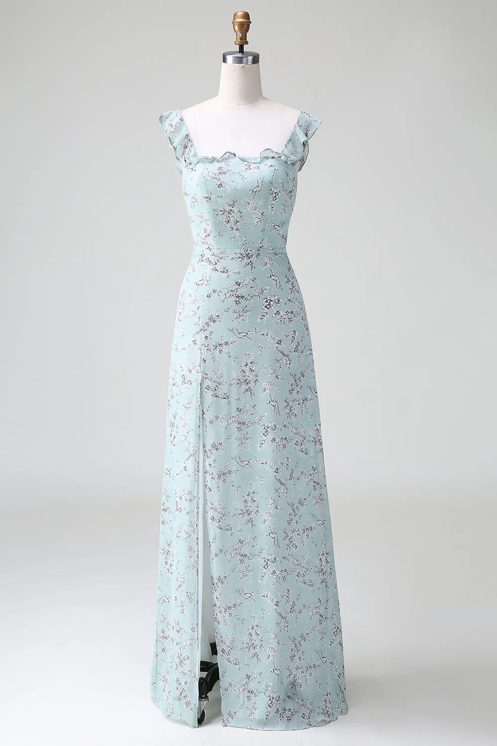 Grey Green Sheath Floral Print Long Bridesmaid Dress With Slit sold by Zapaka