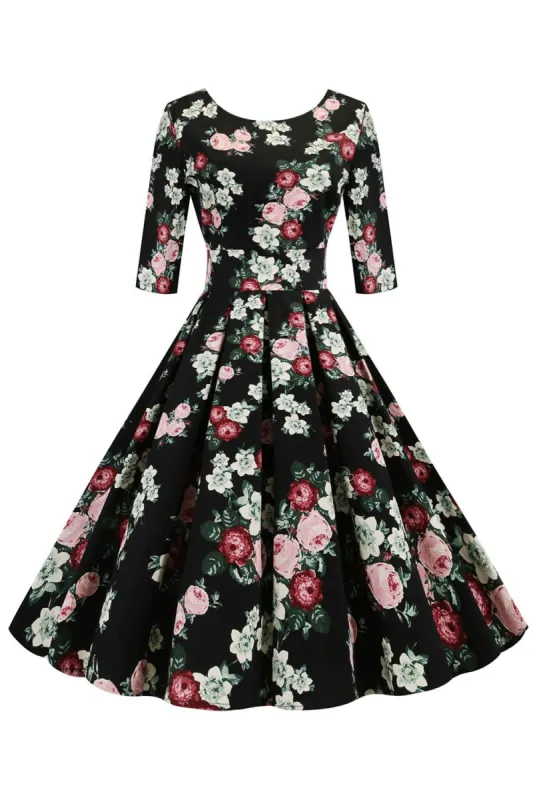 Black Half Sleeves Floral Printed 1950s Dress sold by Zapaka