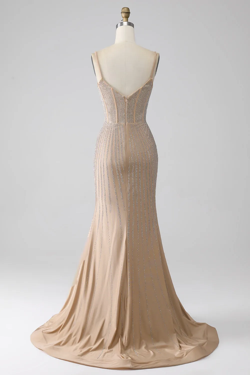 Sparkly Champagne Mermaid Spaghetti Straps Long Prom Dress with Slit sold by Zapaka product image thumbnail 2