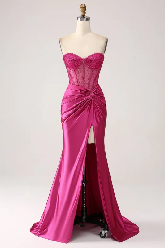 Fuchsia Mermaid Sweetheart Pleated Long Corset Satin Prom Dress With Slit sold by Zapaka