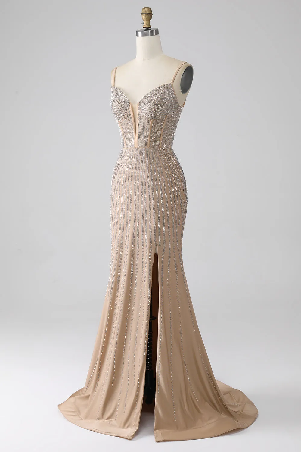 Sparkly Champagne Mermaid Spaghetti Straps Long Prom Dress with Slit sold by Zapaka product image thumbnail 3
