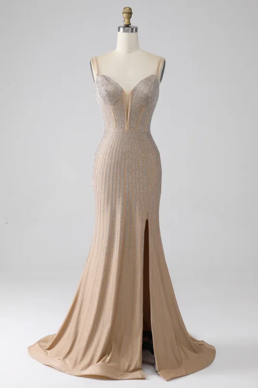 Sparkly Champagne Mermaid Spaghetti Straps Long Prom Dress with Slit sold by Zapaka