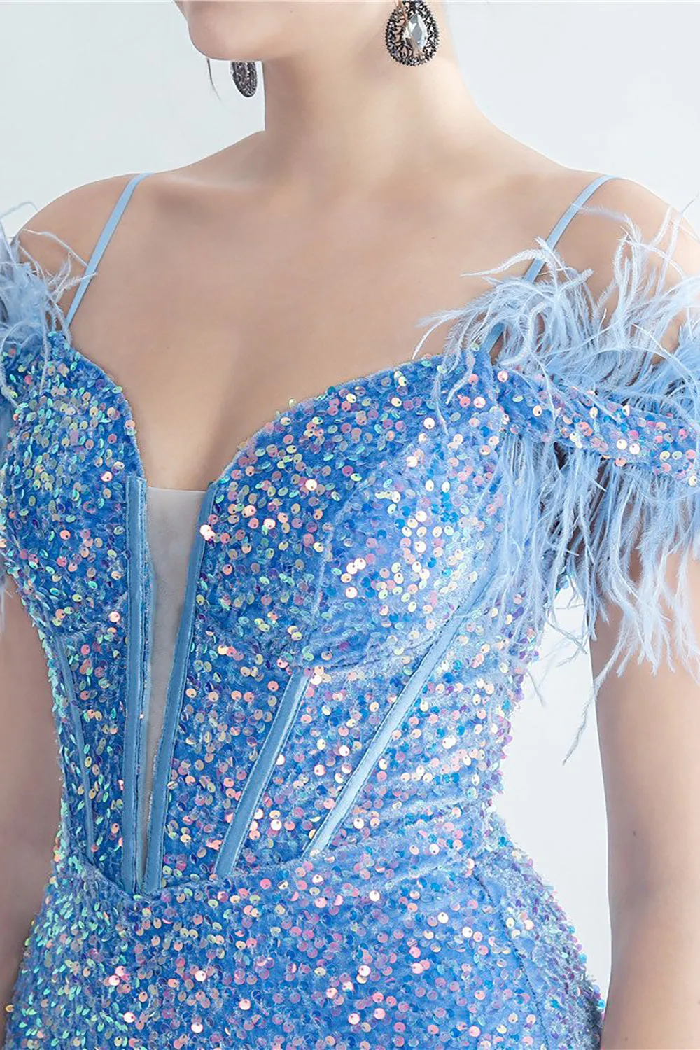 Cold Shoulder Sequins Blue Corset Prom Dress with Feathers sold by Zapaka product image thumbnail 4