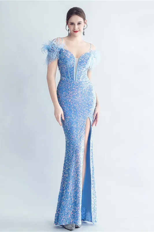 Cold Shoulder Sequins Blue Corset Prom Dress with Feathers made by Zapaka