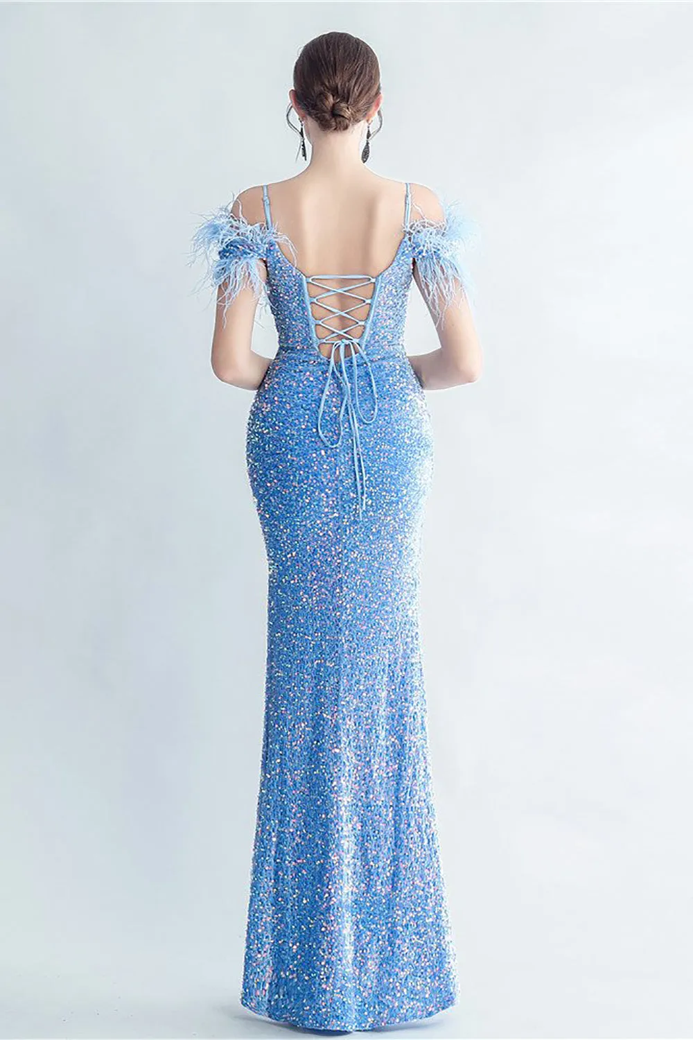 Cold Shoulder Sequins Blue Corset Prom Dress with Feathers sold by Zapaka product image thumbnail 2