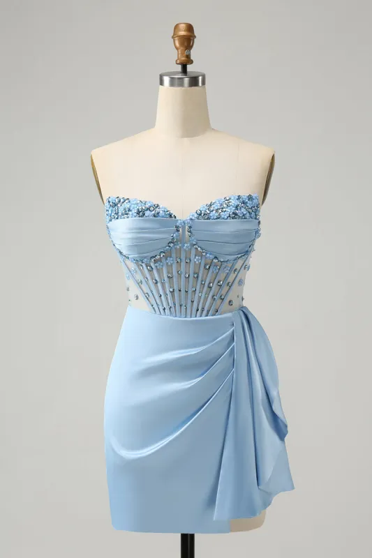 Sparkly Blue Bodycon Sweetheart Corset Homecoming Dress with Beading sold by Zapaka