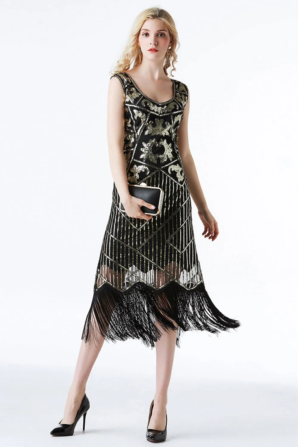 Sparkly Black Golden Fringed Flapper Dress sold by Zapaka product image thumbnail 2