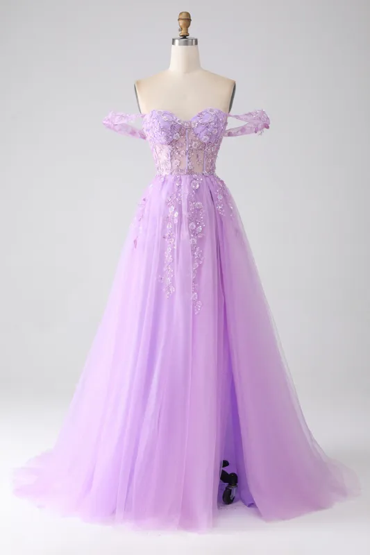 Light Purple A-Line Off The Shoulder Beaded Corset Prom Dress sold by Zapaka