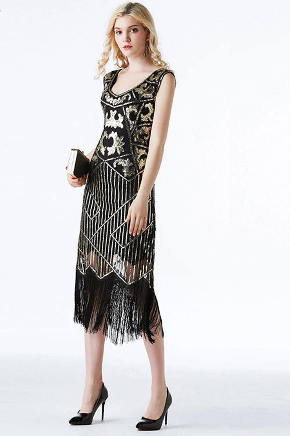 Sparkly Black Golden Fringed Flapper Dress sold by Zapaka product image thumbnail 3
