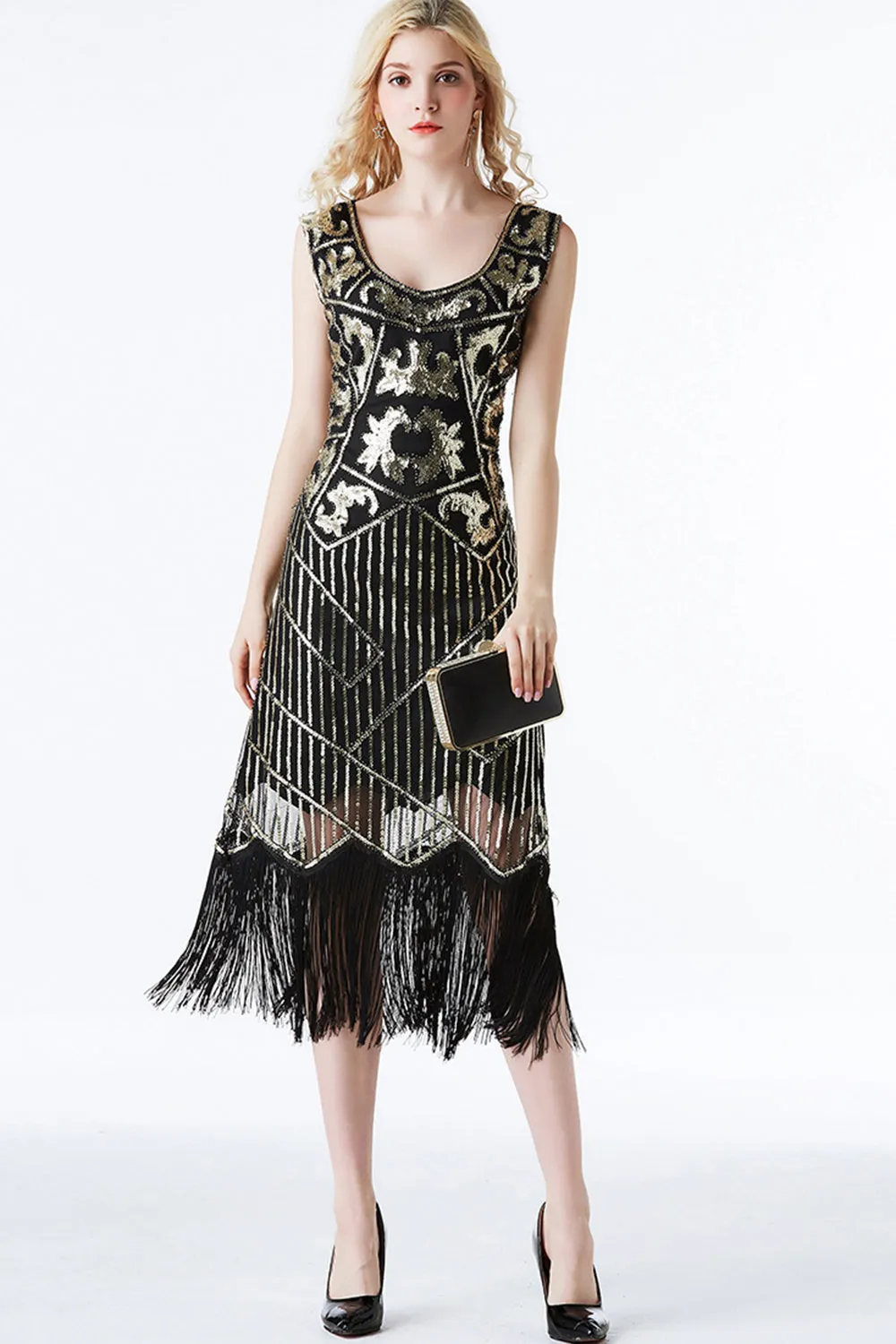 Sparkly Black Golden Fringed Flapper Dress sold by Zapaka