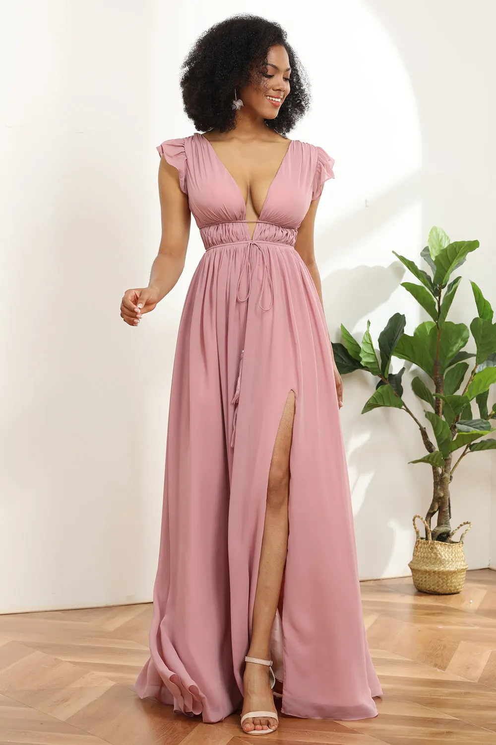 Blush V-Neck Long Chiffon Bridesmaid Dress sold by Zapaka product image thumbnail 5