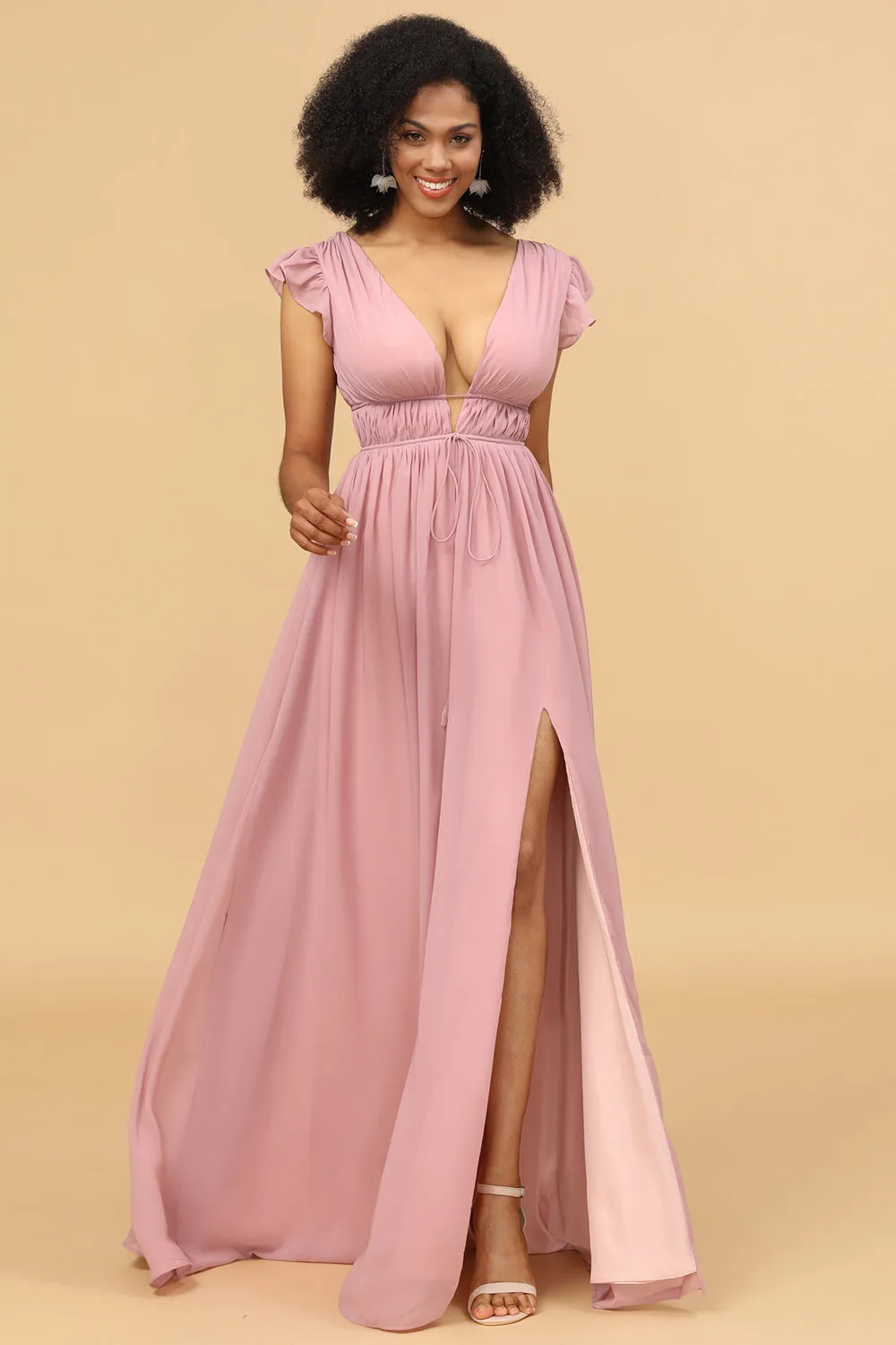 Blush V-Neck Long Chiffon Bridesmaid Dress sold by Zapaka