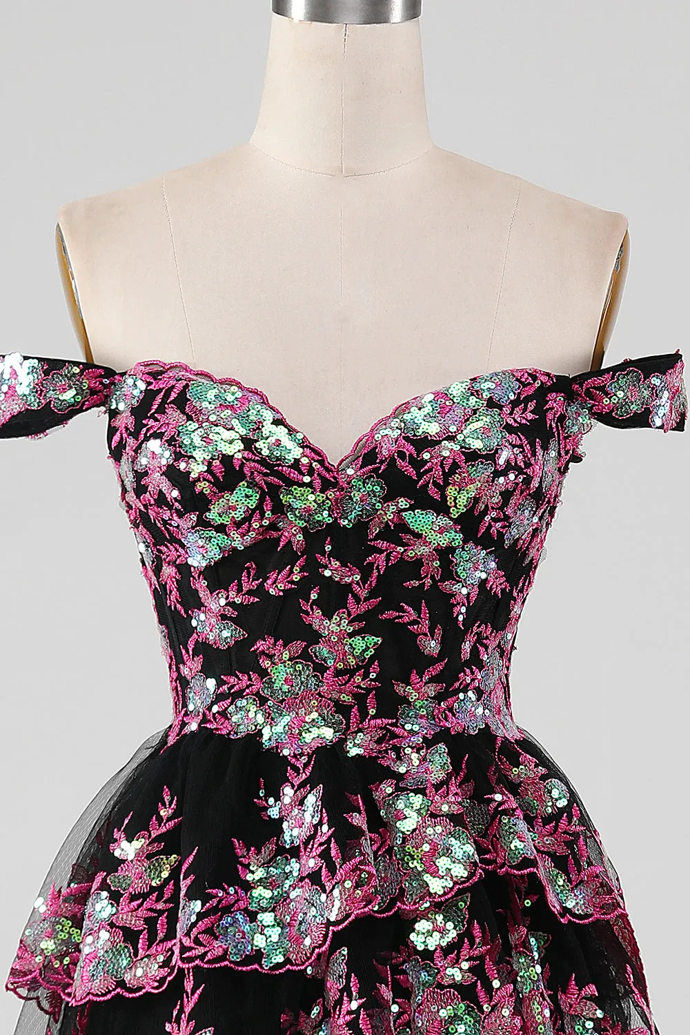 Sparkly Black Pink Tiered Lace A-Line Long Prom Dress with Slit sold by Zapaka product image thumbnail 4