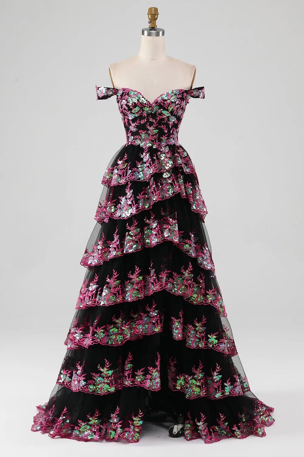 Sparkly Black Pink Tiered Lace A-Line Long Prom Dress with Slit sold by Zapaka