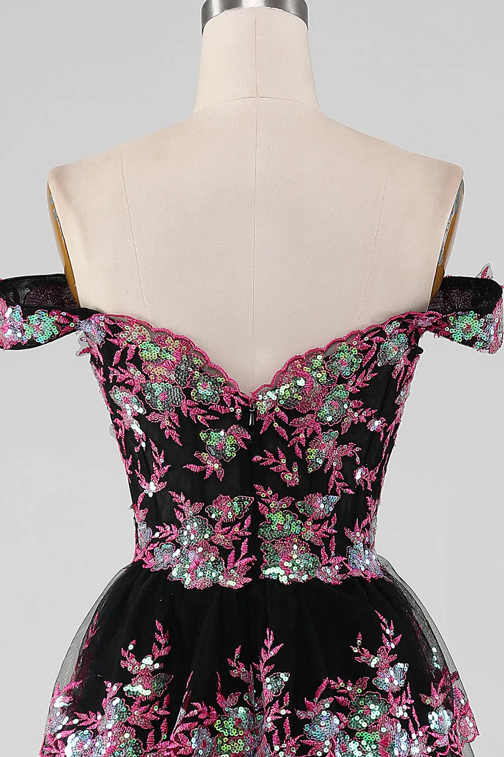 Sparkly Black Pink Tiered Lace A-Line Long Prom Dress with Slit sold by Zapaka product image thumbnail 5